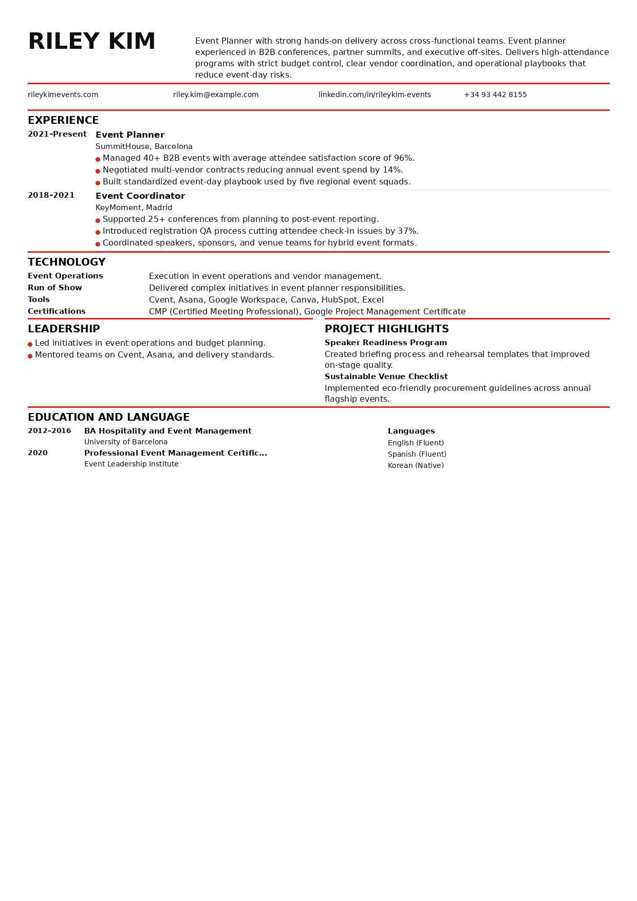 Event planner resume preview