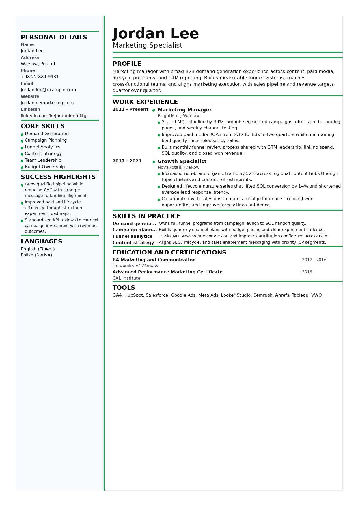 Marketing manager resume template preview