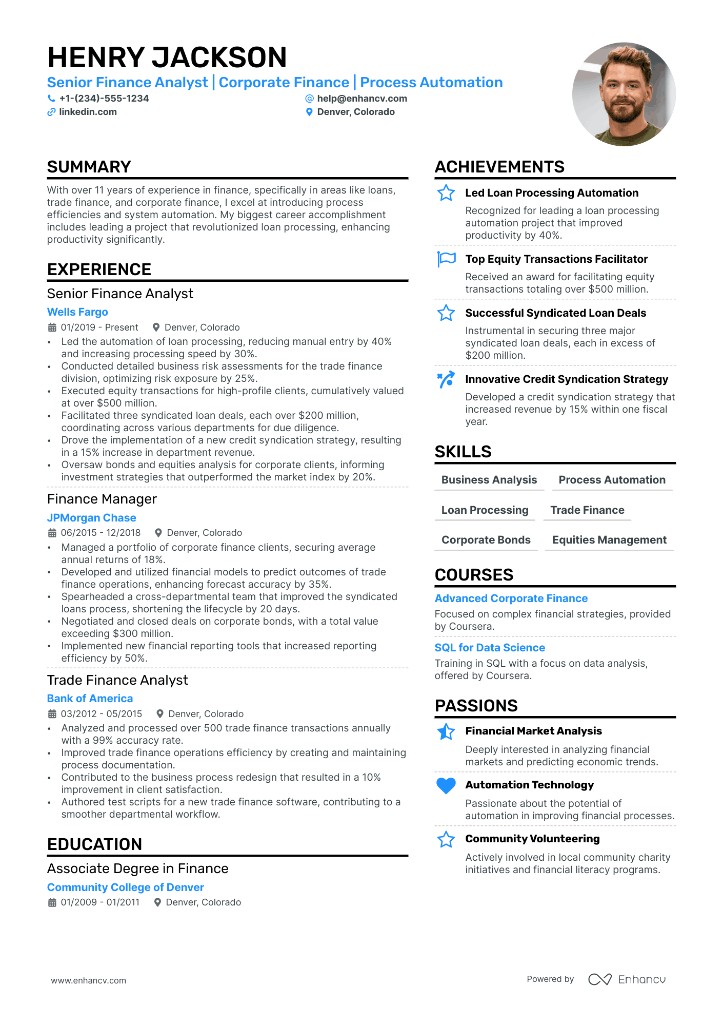 Senior Finance Analyst Resume Example