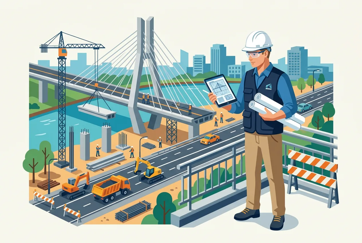 Isometric illustration of a civil engineer in a hard hat with a tablet and rolled plans, overlooking bridge construction with a tower crane, earthworks, and a city skyline—representing infrastructure delivery and site coordination.
