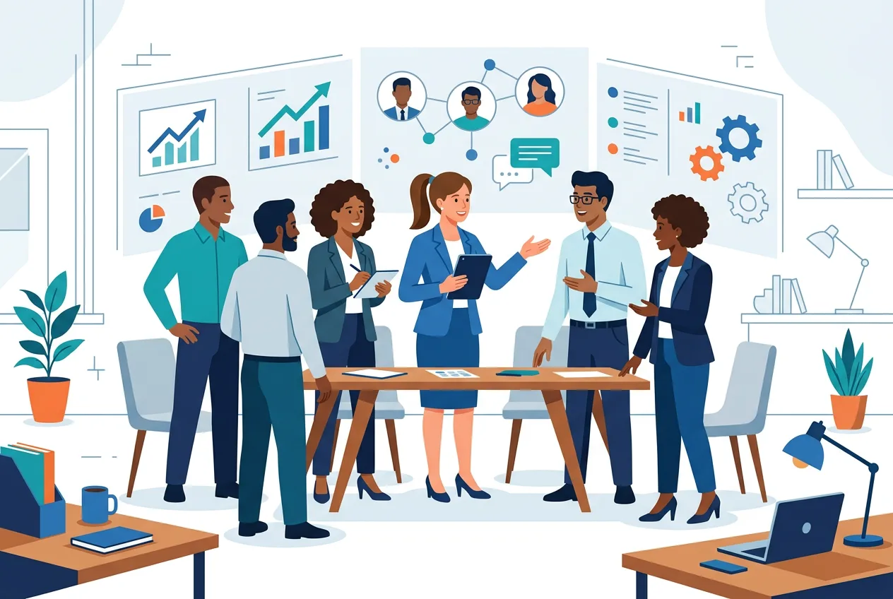Flat illustration of a diverse team in a modern office meeting around a conference table, led by a manager with a tablet; wall displays show people-network diagrams, growth charts, and operational metrics—representing HR leadership and data-informed people programs.