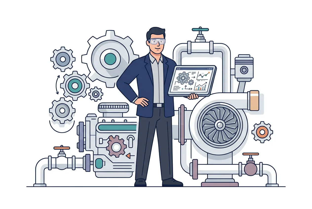Flat vector illustration of a mechanical engineer in safety goggles holding a tablet with gear and chart readouts, beside industrial pipes, interlocking gears, and a turbine-style pump—representing machinery design and performance monitoring.