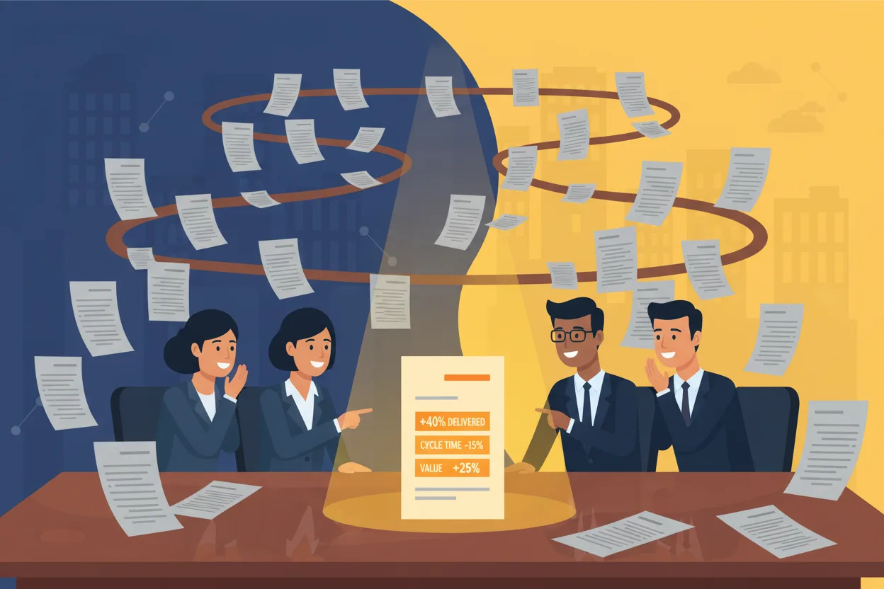 Project manager reviewing delivery metrics and resume quality before job application.